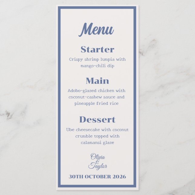 Menu Casamento Floral em Aquarela Azul Desbotado (Frente)