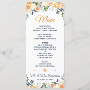 Menu Casamento Floral em Aquarela Azul Naval