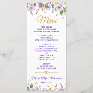 Menu Casamento Floral em Aquarela Roxo Elegante