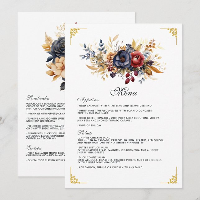 Menu Casamento Floral em Dourado, Azul Marinho e Burgun (Frente/Verso)