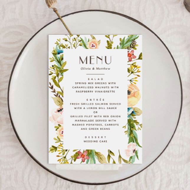 Menu Casamento floral floral de verão rústico de aquare (Criador carregado)
