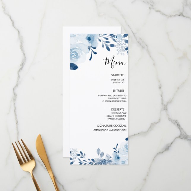 Menu Casamento Floral Francês Azul Moderno (Frente/Verso In Situ)