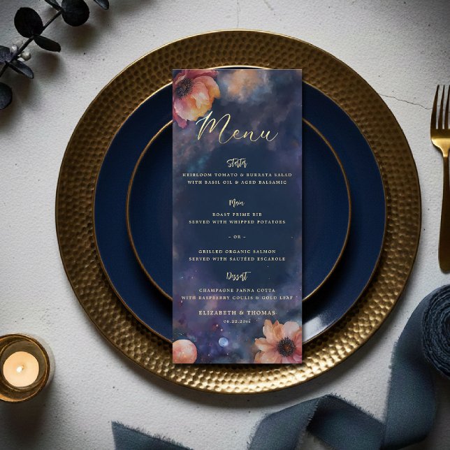Menu Casamento Floral Galáxia Celestial Noite Estrelada (celestial floral galaxy wedding menu watercolor navy blue starry night written in the stars)