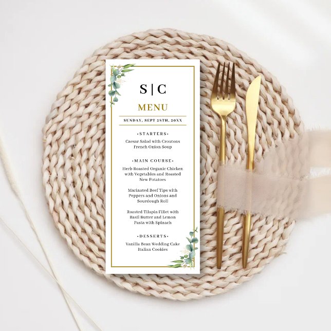 Menu Casamento Floral Geométrico de Verduras de Eucalip (Eucalyptus greenery geometric wedding menu adds modern elegance to your reception dining.)