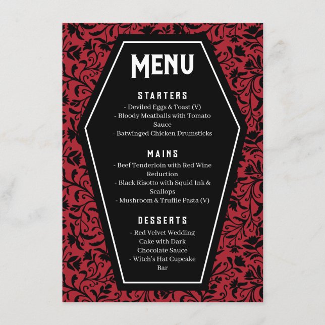 Menu Casamento Floral Gótico de Caixão Preto (Frente)