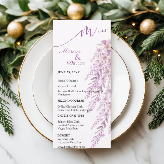 Menu Casamento Floral Lavanda Bege Sofisticado  (Criador carregado)