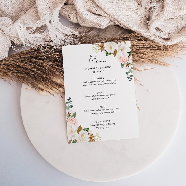 Menu Casamento Floral Magnolia Magnolia Cor-de-Rosa e B (Elegant White & Blush Pink Magnolia Floral Wedding Menu)