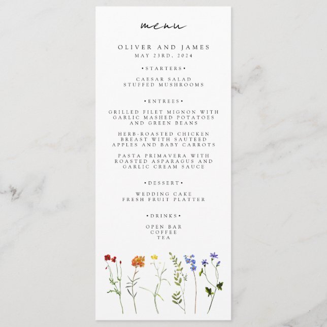 Menu Casamento Floral Mínimo de Orgulho gay LGBTQ de Fl (Frente)