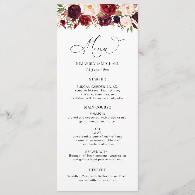 Menu Casamento Floral Moderno De Borgonha E Blush (Frente)