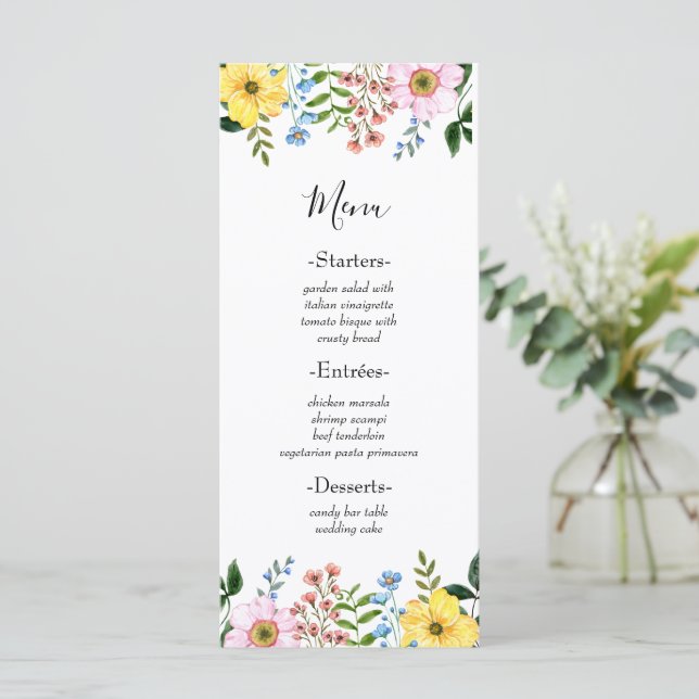 Menu Casamento Floral Moderno de Primavera com Amarelo  (Em pé/Frente)