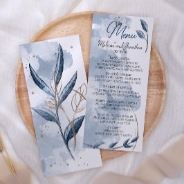 Menu Casamento Floral Moderno Elegante Dourado Azul