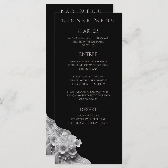 Menu Casamento Floral Moderno Preto e Branco- (Frente/Verso)