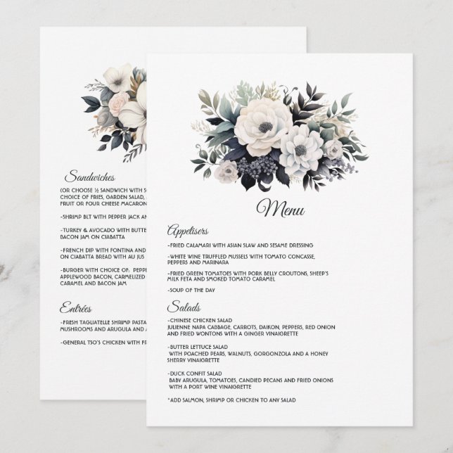 Menu Casamento Floral Negro e Branco (Frente/Verso)