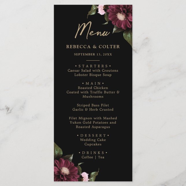 Menu Casamento Floral Negro Elegante (Frente)