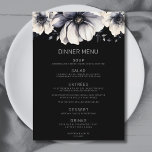 Menu Casamento Floral Negro Elegante Moderno<br><div class="desc">Design de casamento bonito e moderno de preto e flor branca. Um olhar clássico, mas caprichoso, com flores negras, cinzas e creme coloridas, com fontes brancas e letras modernas. Edite todo o texto para suas próprias informações. Você pode até mudar a cor de fundo para qualquer coisa que quiser! Eu...</div>