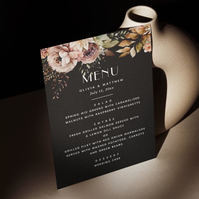 Menu Casamento Floral Negro Elegante | Queda Escura Boh (Criador carregado)