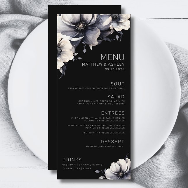 Menu Casamento Floral Negro Moderno Elegante (Simple Elegant Modern Floral Black White Wedding Menu)