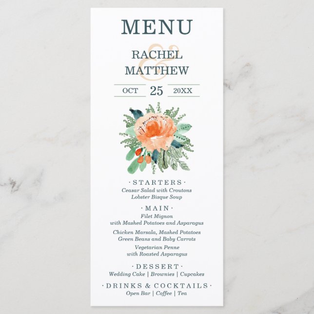 Menu Casamento Floral Peach Watercolor (Frente)