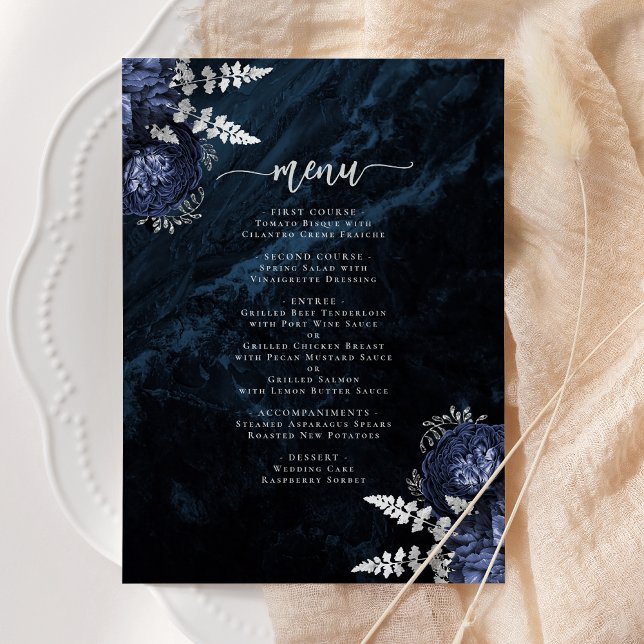Menu Casamento Floral Prata Azul Marinho Elegante (Criador carregado)