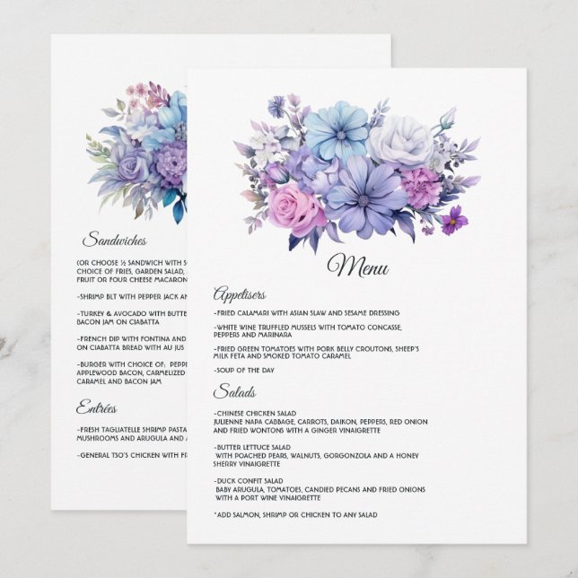 Menu Casamento Floral Prateado, Azul Gelo e Lilás (Frente/Verso)