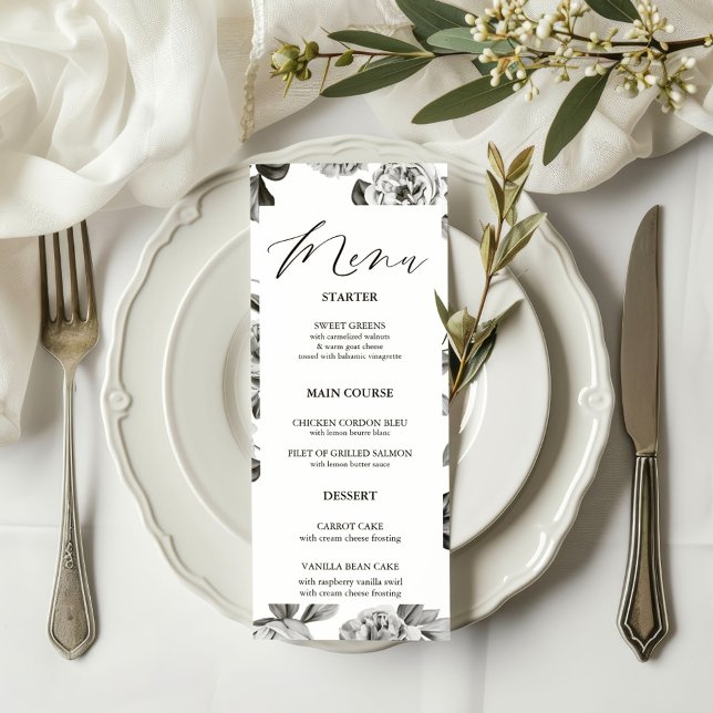 Menu Casamento Floral Preto e Branco Personalizável (Criador carregado)