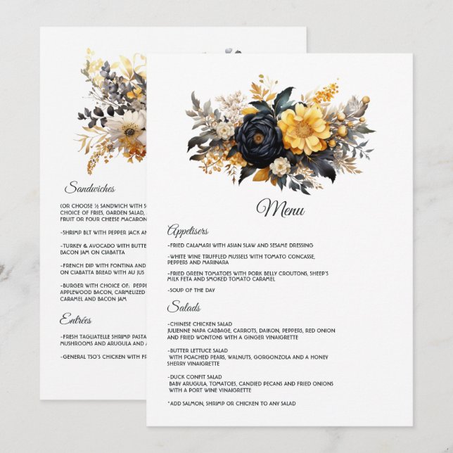 Menu Casamento Floral Preto e Dourado (Frente/Verso)