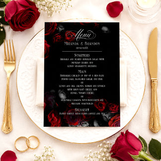 Menu Casamento Floral Preto e Vermelho Personalizado El