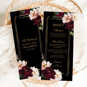 Menu Casamento Floral Preto Escuro-Moody Burgundy