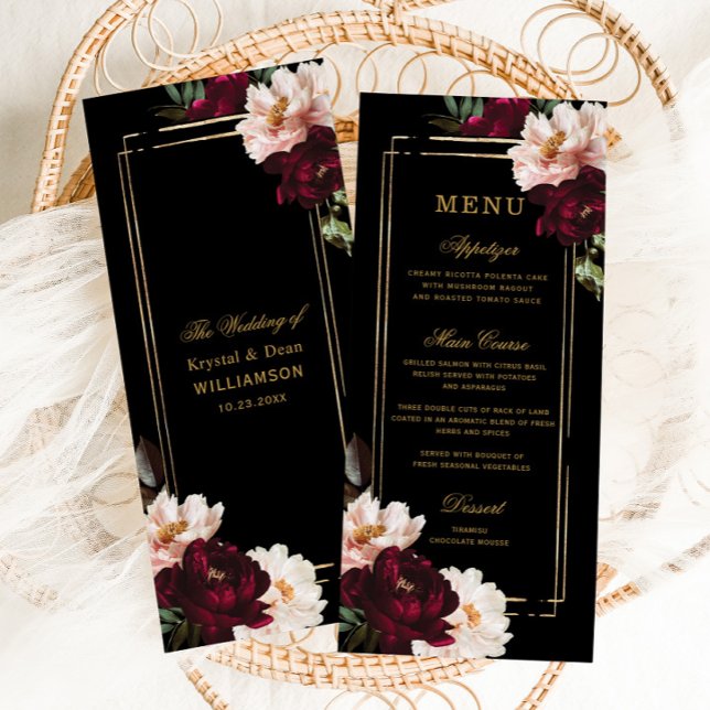 Menu Casamento Floral Preto Escuro-Moody Burgundy (dark moody decadent realistic blush burgundy floral flowers gold geometric slim wedding menu cards)
