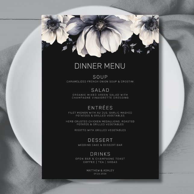 Menu Casamento Floral Preto Moderno e Elegante (Modern Elegant Black Floral Wedding Menu)