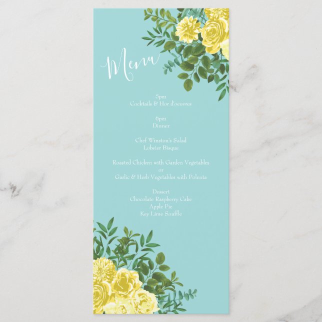 Menu Casamento Floral Primavera de Amarelo e Aqua Vinta (Frente)