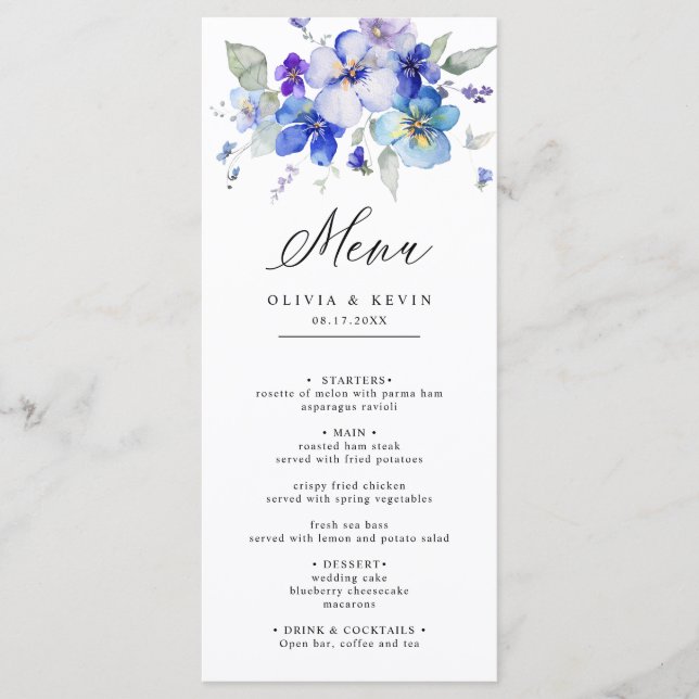 Menu Casamento Floral Púrpura Lavanda Marinho Azul Dust (Frente)