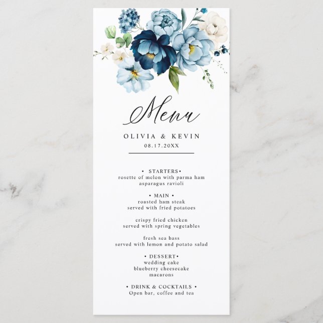 Menu Casamento Floral Retrorreflector Elegante com Crem (Frente)