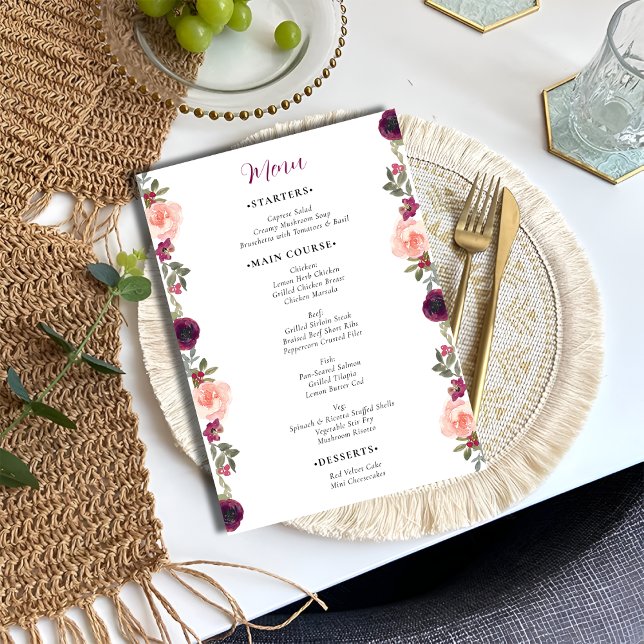 Menu Casamento Floral Romântico de Aquarela Burgundy (Criador carregado)