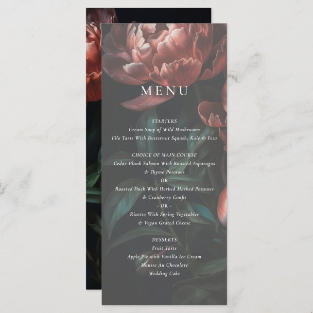 Menu Casamento Floral Romântico de Belas Artes Escuras (Frente/Verso)
