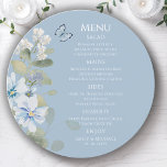Menu Casamento Floral Romântico de Molas Azuis Azuis<br><div class="desc">Romântico Dusty Blue Watercolor Floral Wedding Menu inclui celeste azul empoeirado e flores delfinium com eucalipto verde acentuado com borboletas. Adicione o texto personalizado no script elegante moderno.Veja a coleção. Projetado para você pelo Evco Studio www.zazzle.com/store/evcostudio</div>