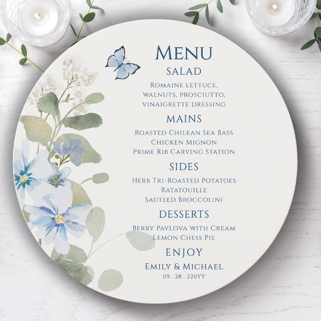 Menu Casamento Floral Romântico de Molas Azuis Azuis (Criador carregado)