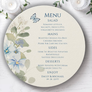Menu Casamento Floral Romântico de Molas Azuis Azuis