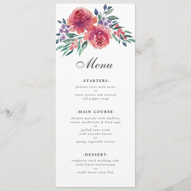 Menu Casamento Floral Romântico por Aquarela Roxa (Frente)