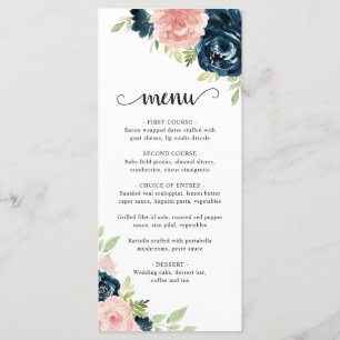 Menu Casamento Floral Rosa Bege Azul Naval Elegante
