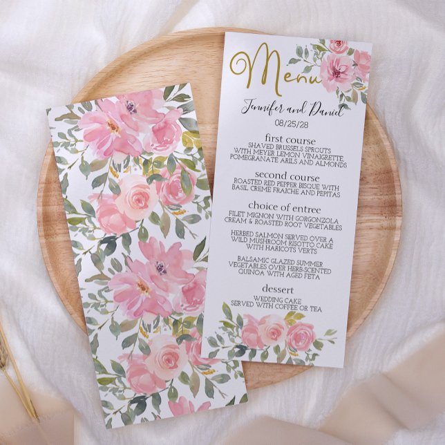 Menu Casamento Floral Rosa Bege Luxuriante Aquarela (Criador carregado)