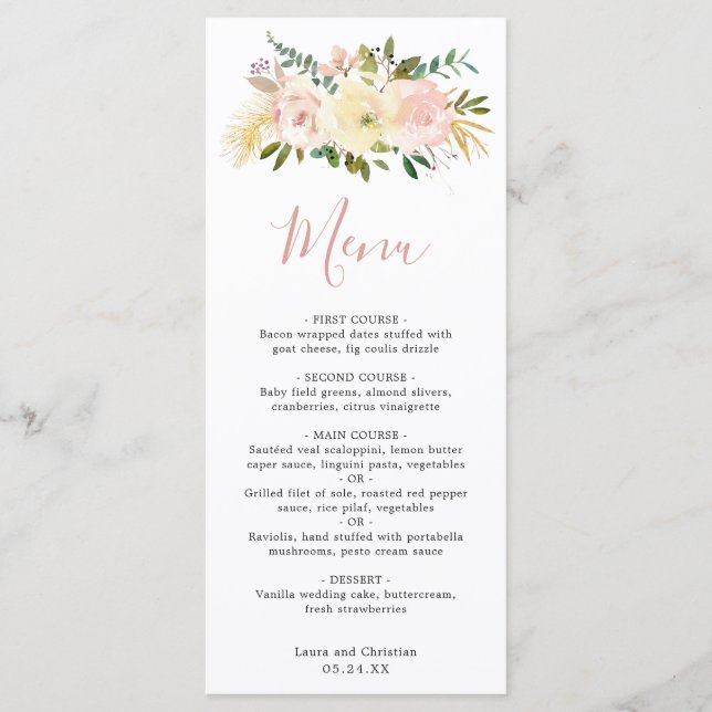 Menu Casamento Floral Rosa Corado Elegante (Frente)