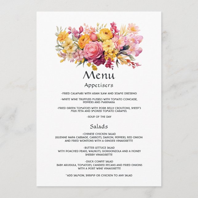 Menu Casamento Floral Rosa e Amarelo (Frente)