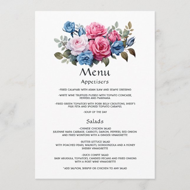Menu Casamento Floral Rosa e Azul (Frente)