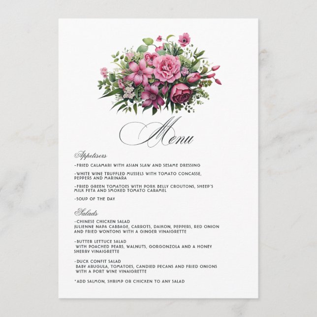 Menu Casamento Floral Rosa Fúcsia e Verde Esmeralda (Frente)