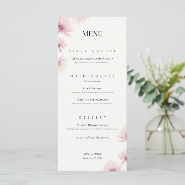 Menu Casamento Floral Rosa Minimalista em Flat (Em pé/Frente)