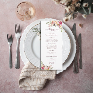 Menu Casamento Floral Rosa-Rosa-Blush com Aquarela Eleg