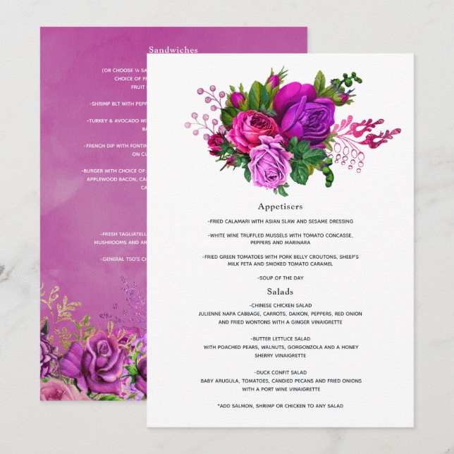 Menu Casamento Floral Rosa Velho e Roxo (Frente/Verso)