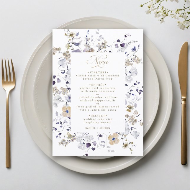 Menu Casamento Floral Roxo Branco Dourado Romântico (Criador carregado)