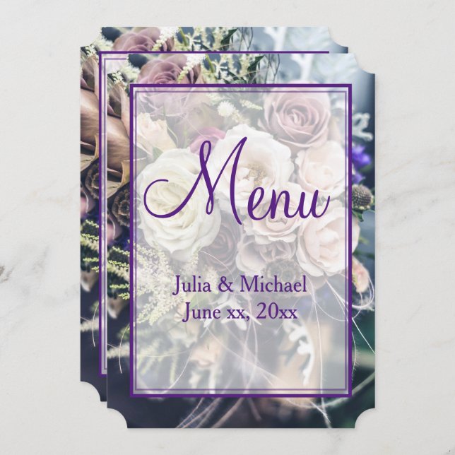 Menu Casamento Floral Roxo Elegante (Frente/Verso)